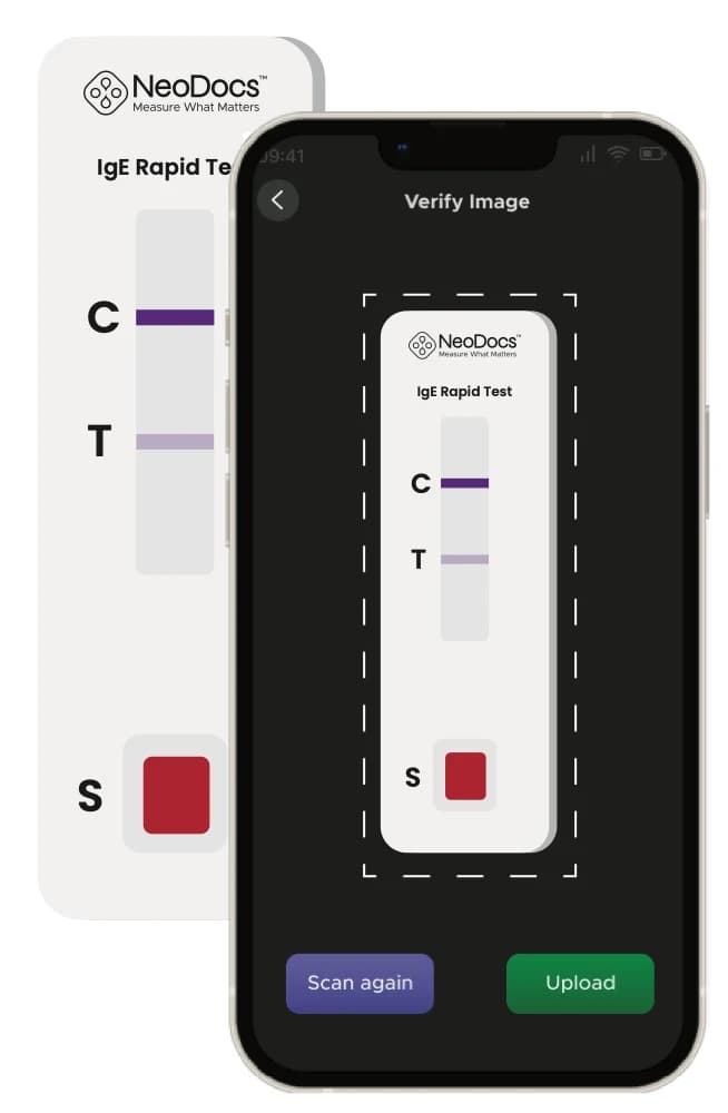 NeoDocs IgE Rapid Test cassette with the app photo verification screen