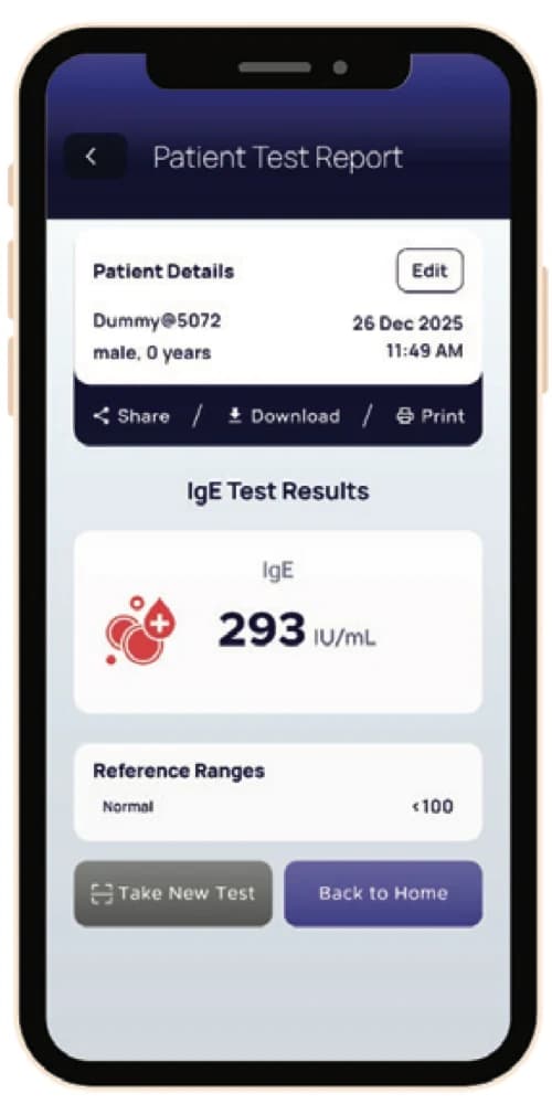 Illustrative IgE result displayed in the NeoDocs app
